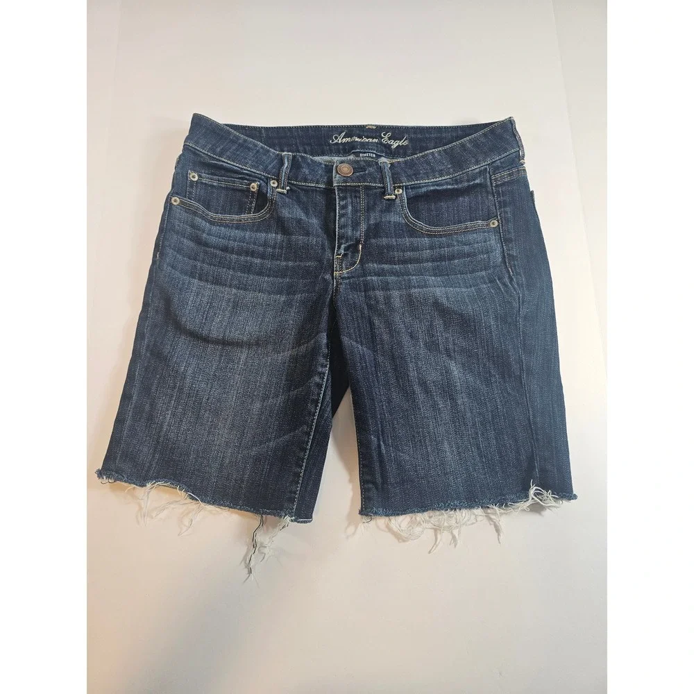 American Eagle Long Denim Shorts Women 12 Dark Wash‎ Raw Hem Stretch